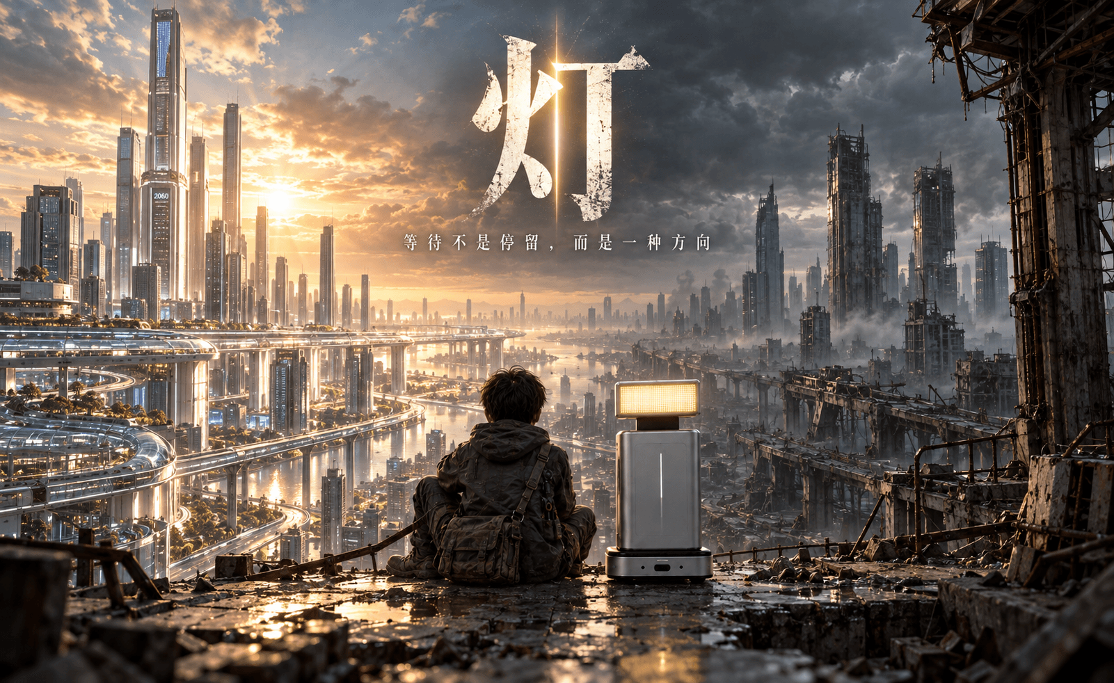 《灯》横版海报：少年与灯头机器人眺望繁华与废墟交织的城市