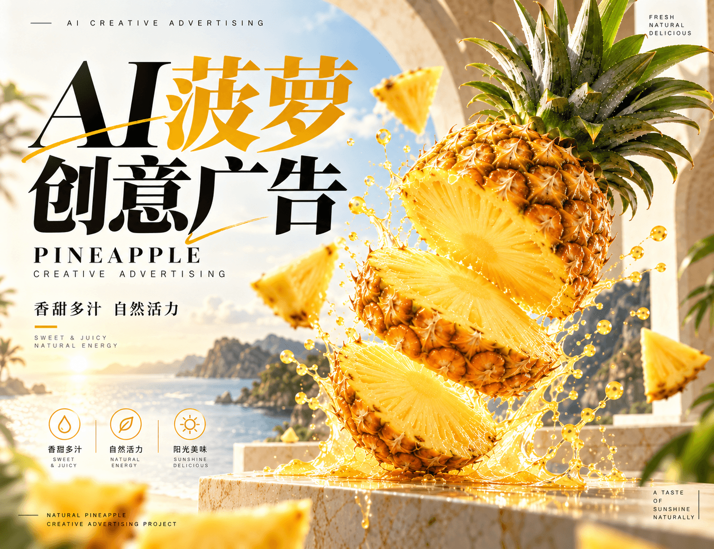 AI 菠萝创意广告静态封面：菠萝切片与飞溅果汁