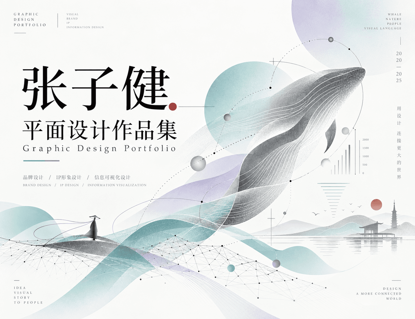 张子健平面设计作品集封面：中文标题与鲸鱼视觉